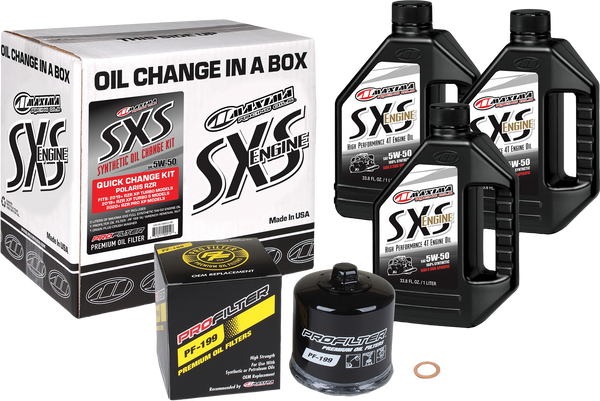 Maxima SXS Quick Change Kit 90-189013-TXP with Black Oil Filter - Full Synthetic 5W-50