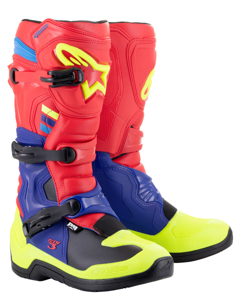 Alpinestars Tech 3 Boots Bright Red/Blue/Fluo Yellow Size 9 - Part Number 2013018-3375-9