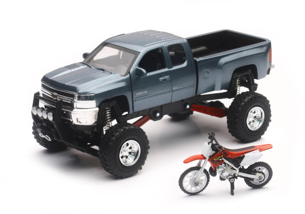 NEW-RAY Replica 1:43 Truck and Race Bike Set - Chevy Grey and Honda Bike Red - Part SS-54426