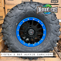 System 3 SB5 PlanetSXS BLUE Beadlock Wheel and Maxxis Carnivore Tire Kit