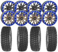 System 3 SB4 Beadlock Wheels on System 3 XCR350 Tires – Custom Blue Rings (4/156 Bolt Pattern)