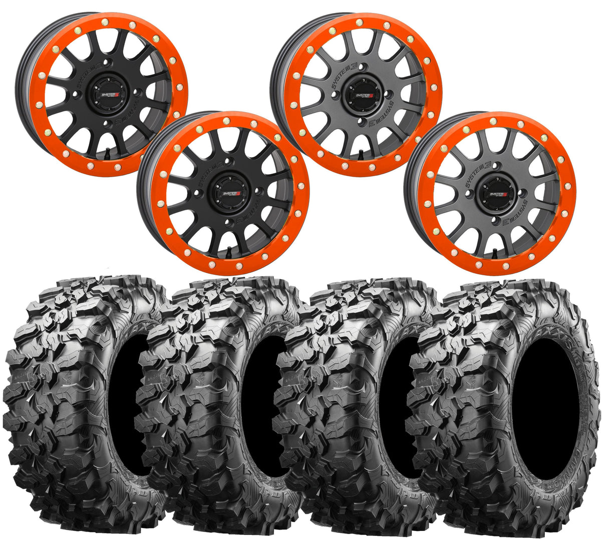 System 3 SB-5 ORANGE Beadlock Wheel and Maxxis Carnivore Tire Kit
