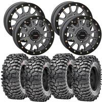 System 3 SB5 Beadlock Wheels Gunmetal Grey Mounted on Maxxis Roxxzilla Tires 4/156 Bolt Pattern – UTV Kit | PlanetSXS