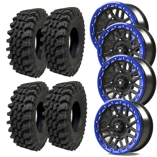 Bullite BT01 SABER Beadlock Black or Gunmetal w/Velocity Blue Ring SUPERGRIP K9 XT Wheel Tire Kit